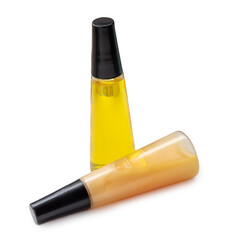 Liquid soap and shampoo in small bottles isolated on white background with clipping path and shadow in png file format, Cosmetic