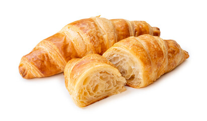 single piece of croissant with two halves isolated on white background with clipping path.