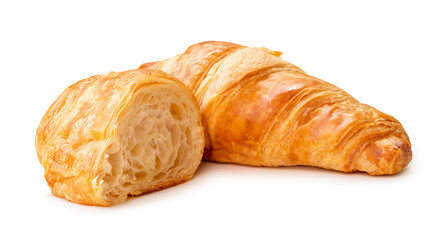 single piece of croissant with half isolated on white background with clipping path and shadow in png file format