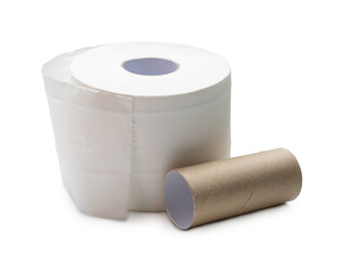 Single roll of white tissue paper or napkin with core prepared for use in toilet or restroom isolated on white background with clipping path.