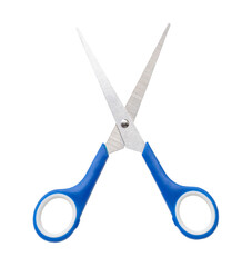 Small kid scissors with blue handle isolated on white background with clipping path in png file format