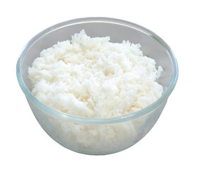 Steamed rice in transparent bowl isolated on white background with clipping path.