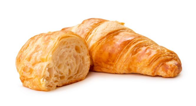 single piece of croissant with half isolated on white background with clipping path and shadow in png file format