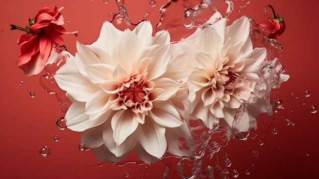 Two big beautiful piony heads flowers floating in colored water.