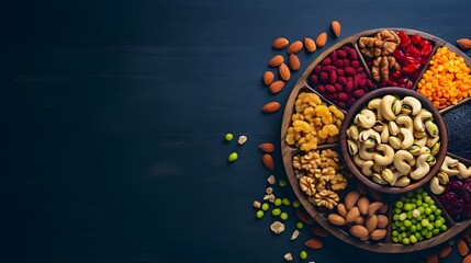 Colorful array of dry fruits and nuts on a dark blue background. Hazelnuts, macadamia, pine nuts, pistachios, walnuts, pecan nuts. Created with Generative AI Technology. 