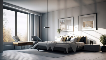 modern living room with a window, a modern bedroom, modern architeture ,white color building structure,wallpaper. Png 1, Ai Generate 