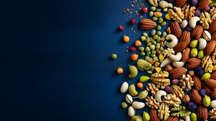 Colorful array of dry fruits and nuts on a dark blue background. Hazelnuts, macadamia, pine nuts, pistachios, walnuts, pecan nuts. Created with Generative AI Technology.  - obrazy, fototapety, plakaty