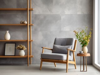 Wooden shelf unit and gray armchair interior design of modern living room generative ai