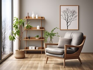 Wooden shelf unit and gray armchair interior design of modern living room generative ai