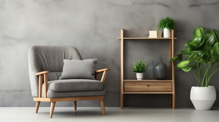 Obraz na płótnie Canvas Wooden shelf unit and gray armchair interior design of modern living room generative ai