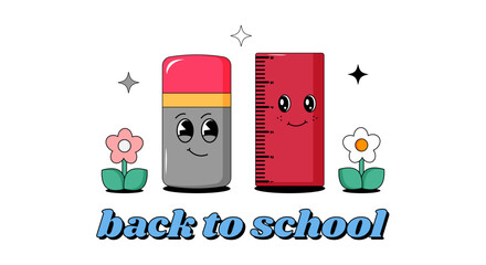 Back to school cartoon characters Eraser and Ruler in retro groovy 70s style. Psychedelic collection of hippie design elements. Posters for school and education. Contemporary vector illustration.