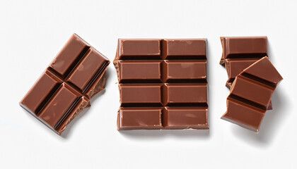 Pieces of delicious milk chocolate bars on white background, top view