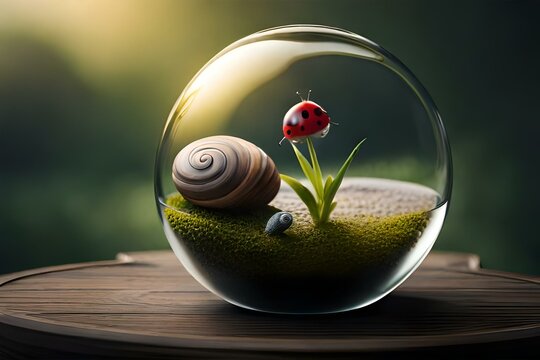 round terrarium filled with sand on which there is plant on the top of plant lady bug is playing besie there is snail resting /beautiful natural view