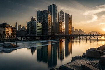 vancouver skyline at sunset , reflection in the clean standing water