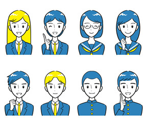 制服を着た中学生・高校生の男女　ポジティブな表情　アイコンセット（シンプル）