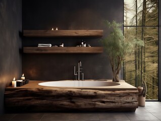 Fototapeta premium The rustic interior design of the modern bathroom with wooden walls and bathtub generative ai