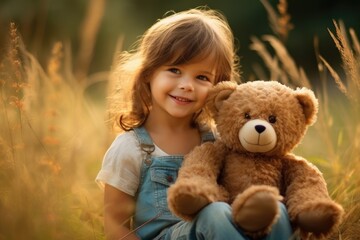 Sweet little girl playing with a teddy bear, Generative AI