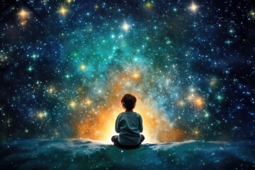 Illustragion of beautiful scenery showing the young boy girl among glowing planets and star in the night sky, dreaming or hope concept, Generative AI