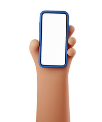 3D Hand holding mobile phone with empty screen. Cartoon blue smartphone isolated on white background. Phone device mockup, template. 3D Rendered illustration