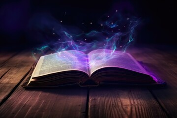 Illustration of magic book with glows in the darkness, Generative AI