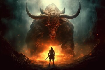 Illustration of hero facing devil monster, Generative Ai