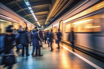 Beautiful motion blur of walking people. Early morning rush hours, busy modern life concept. Ideal for websites and magazines layouts