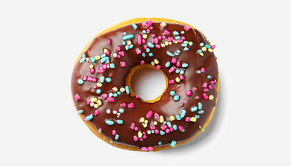 Tasty glazed donut decorated with sprinkles isolated on white, top view