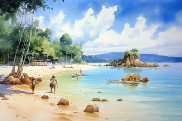 Fototapeta na wymiar Illustration of painting watercolor seascape, vacation and tourism in summery, Generative AI