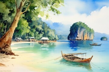 Naklejka na ściany i meble Illustration of painting watercolor seascape, vacation and tourism in summery, Generative AI