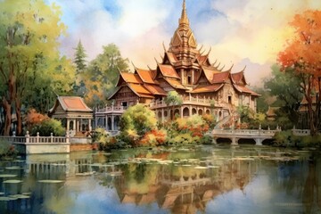 Fototapeta premium Illustration of painting watercolor seascape, vacation and tourism in summery, Generative AI