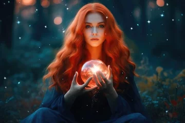 Tuinposter Illustration of fairy woman with an magic ball, Generative AI © tonstock