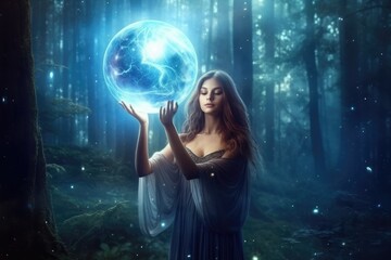 Naklejka premium Illustration of fairy woman with an magic ball, Generative AI