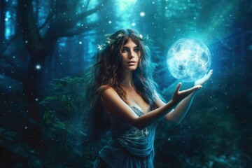 Naklejka premium Illustration of fairy woman with an magic ball, Generative AI