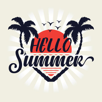 Summer t-shirt and apparel trendy design with palm trees silhouettes, typography, print, vector illustration. Global swatches.