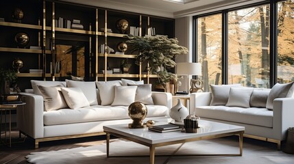 Modern luxury living room with cozy white sofa and golden coffee table generative ai