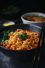 A bowl of spicy noodle soup generative AI