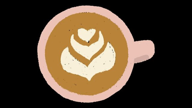 Animated illustration of latte coffee cup. Latte art. Animation with transparent background