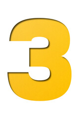 number cut paper 3 yellow isolated on transparent background