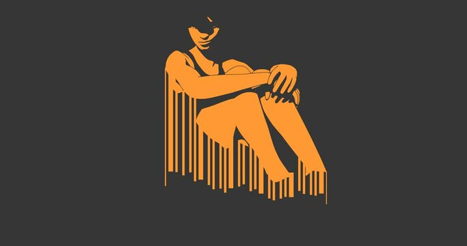 Bar code with young woman silhouette. Human trafficking text. Unhappy woman sitting on floor and hug her knee, thinking about problems. Upset girl feeling psychological and mental troubles.