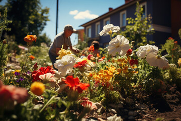A retired gardener grows flowers in his backyard. Generative AI