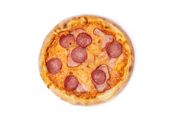 Pizza with sausage on a white background. Top view.