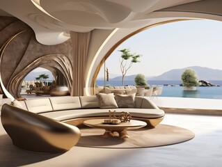 Obraz premium Luxury villa on the seaside interior design of the modern living room with golden sculptures generative ai