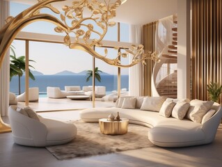Luxury villa on the seaside interior design of the modern living room with golden sculptures generative ai
