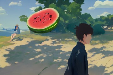 boy with watermelon. Generative AI