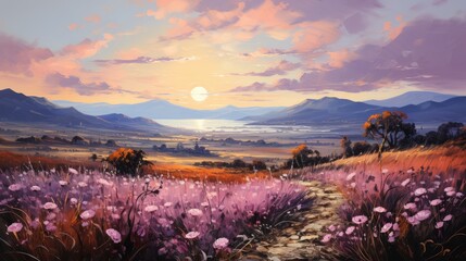 Obraz premium A beautiful countryside full of purple flowers, concept art, digital illustration