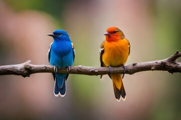 blue and yellow birds on branch - Powered by Adobe