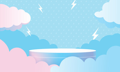 Sky podium for products display presentation with clouds, raindrops and lightning. Vector illustration