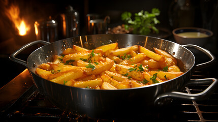 French fries are fried in a hot oil pan, fastfood Generative AI
