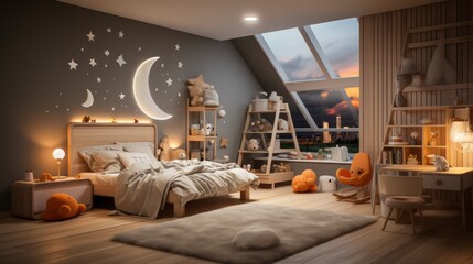 child bedroom with play area,table,pillow,toys - obrazy, fototapety, plakaty
