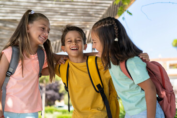 Portrait, Friends And Children Standing Together In A Row Outdoors, Feeling Happy While Having Fun Or Playing. Group Of Classmates Who Smile And Hug Each Other. Education